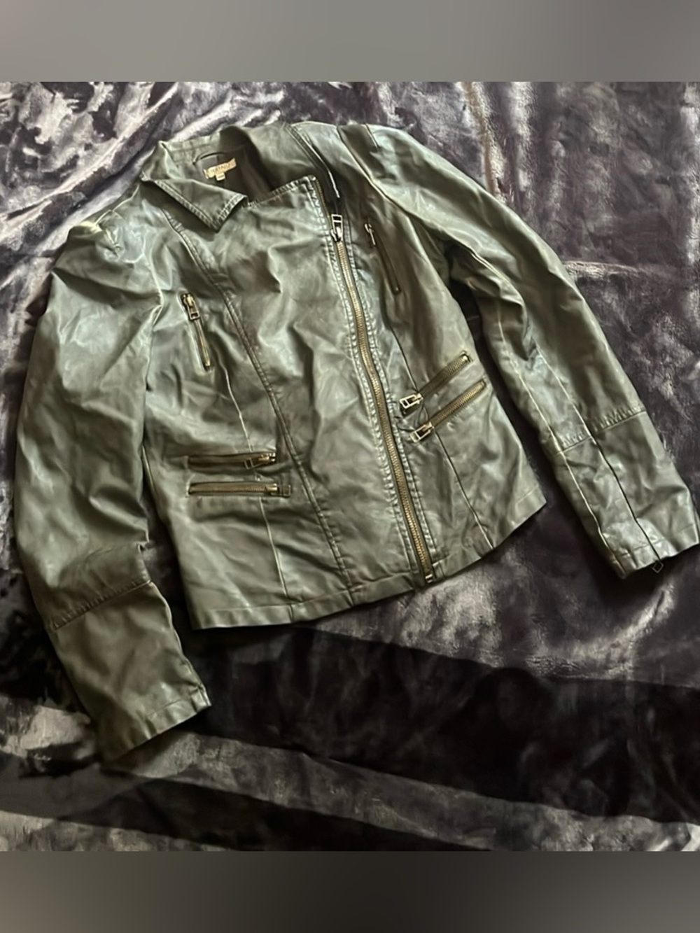 Women’s Olive Green Faux Leather Moto Jacket